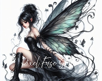 Gothic Fairy Clipart JPG, Dark Fantasy Art for Sublimation, Black Wings Fairy Girl, Alternative Witchy Aesthetic, Commercial Use Design