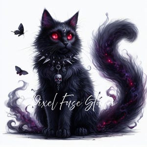 Gothic Black Cat Clipart, Witch Familiar JPG, Dark Fantasy Art, Red-Eyed Cat Print, Spooky Halloween Decor, Commercial Use Download