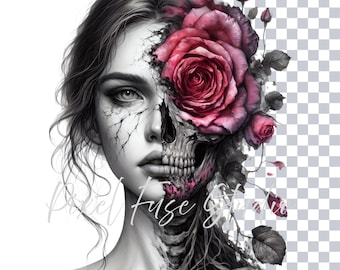 Gothic Skull Rose Woman PNG Clipart, Dark Feminine Aesthetic Goth Girl Digital Art, Watercolor Halloween, Floral Print SVG, Sublimation, DTF