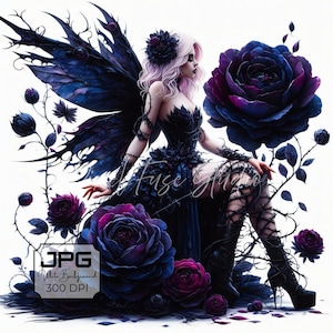Puede incluir: Ilustración de un hada con cabello rosado, vestida con un vestido y botas negras, adornada con alas y rosas azul oscuro. La imagen tiene un fondo blanco y el texto "Fuse Giga" es visible.