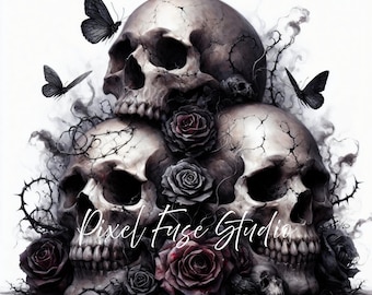 Gothic Skull Clipart, Dark Floral JPG, Halloween Art Print, Rose & Bones Wall Decor, Creepy Aesthetic Digital Download, Commercial Use