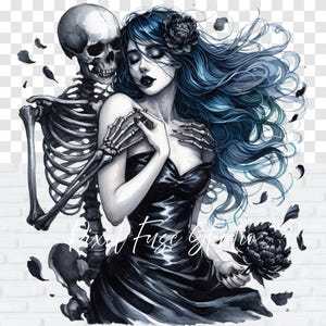 PNG design of a gothic woman in a black dress embraced by a skeleton, with flowing blue hair and dark floral elements. Dark romance aesthetic, perfect for Halloween, tattoo flash art, creepy couple designs, edgy sublimation prints, and gothic digital projects with transparent background.