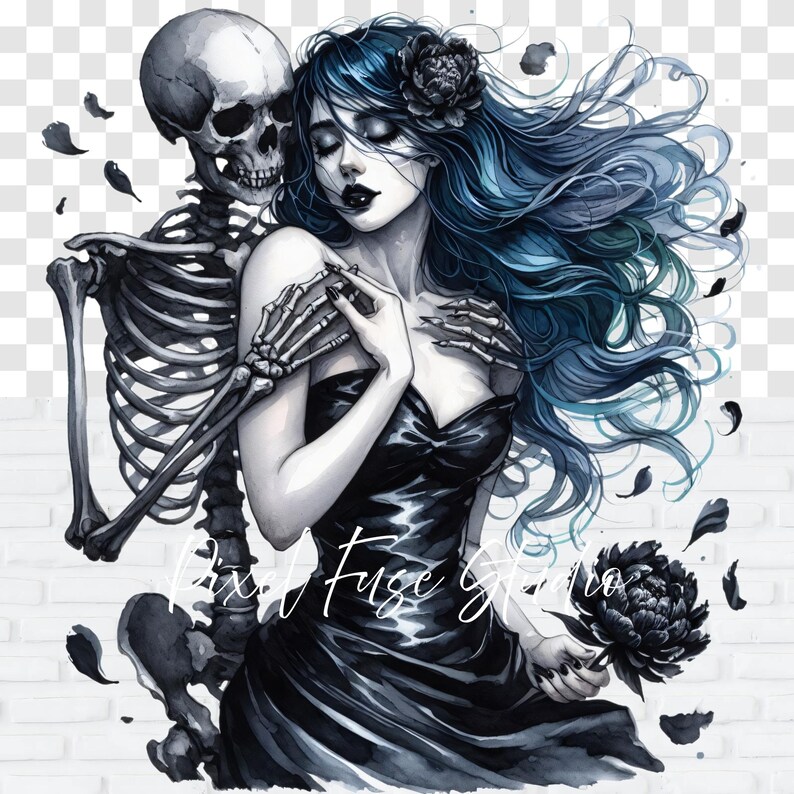 PNG design of a gothic woman in a black dress embraced by a skeleton, with flowing blue hair and dark floral elements. Dark romance aesthetic, perfect for Halloween, tattoo flash art, creepy couple designs, edgy sublimation prints, and gothic digital projects with transparent background.