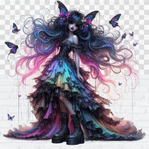May include: A dark-haired woman with purple and pink hair extensions wears a black dress with rainbow-colored ruffles and black boots. She has butterfly wings and is surrounded by butterflies.