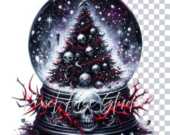 Gothic Christmas Skull Snow Globe Clipart PNG Bundle, Dark Alternative Xmas Tree Design, High-Resolution Transparent PNG, Commercial Use Art