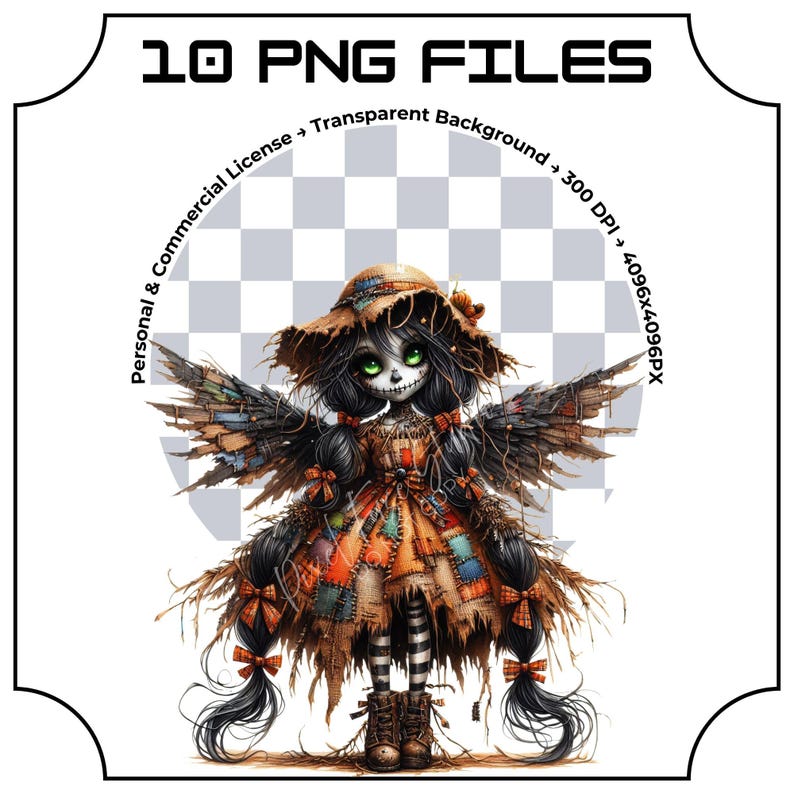 Gothic Scarecrow Girl Clipart, Creepy Cute Rag Doll PNG Bundle ...