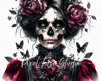 May include: Watercolor illustration of a woman with a skull face, adorned with dark hair, burgundy flowers, and butterflies. She wears a black dress with a ruffled collar and a large burgundy flower. The image has a Day of the Dead theme.