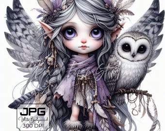 Gothic Owl Fairy Clipart JPG | 11 Ultra-HD Fantasy Girl & Owl Art | 300 DPI | Cottagecore Dark Fantasy | Commercial Use | Printable Prints