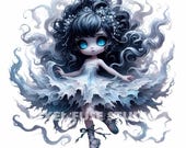 Ethereal Gothic Ballerina Clipart Dark Fantasy Chibi Doll Spooky Cute Halloween Aesthetic Digital Stickers Scrapbooking Junk Journal Prints