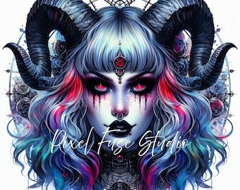 Gothic Demon Girl Clipart, Dark Witch Digital Art, Fantasy Horned Woman Print, Occult Wall Decor, Goth Aesthetic Download, Halloween JPG PNG