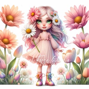 Flower Girl Clipart, Pastel Floral Digital Download, Spring Daisy Art PNG JPG Kids Nursery Decor Whimsical Sublimation Design Commercial Use