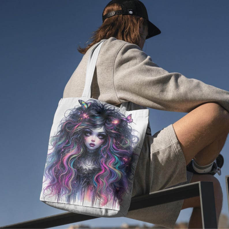 May include: A white tote bag with a colorful illustration of a girl with long, flowing hair and butterflies. The girl has dark hair, blue eyes, and is wearing a black dress. The background is white with a watercolor effect.