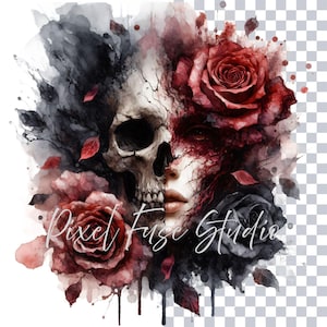 Half Skull Woman Clipart, Gothic Watercolor PNG, Dark Roses Art, Skeleton Face Digital Download, Tattoo Flash Design, Commercial Use
