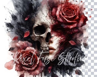 Clipart de mujer con media calavera, acuarela gótica PNG, arte de rosas oscuras, descarga digital de cara de esqueleto, diseño de tatuaje flash, uso comercial