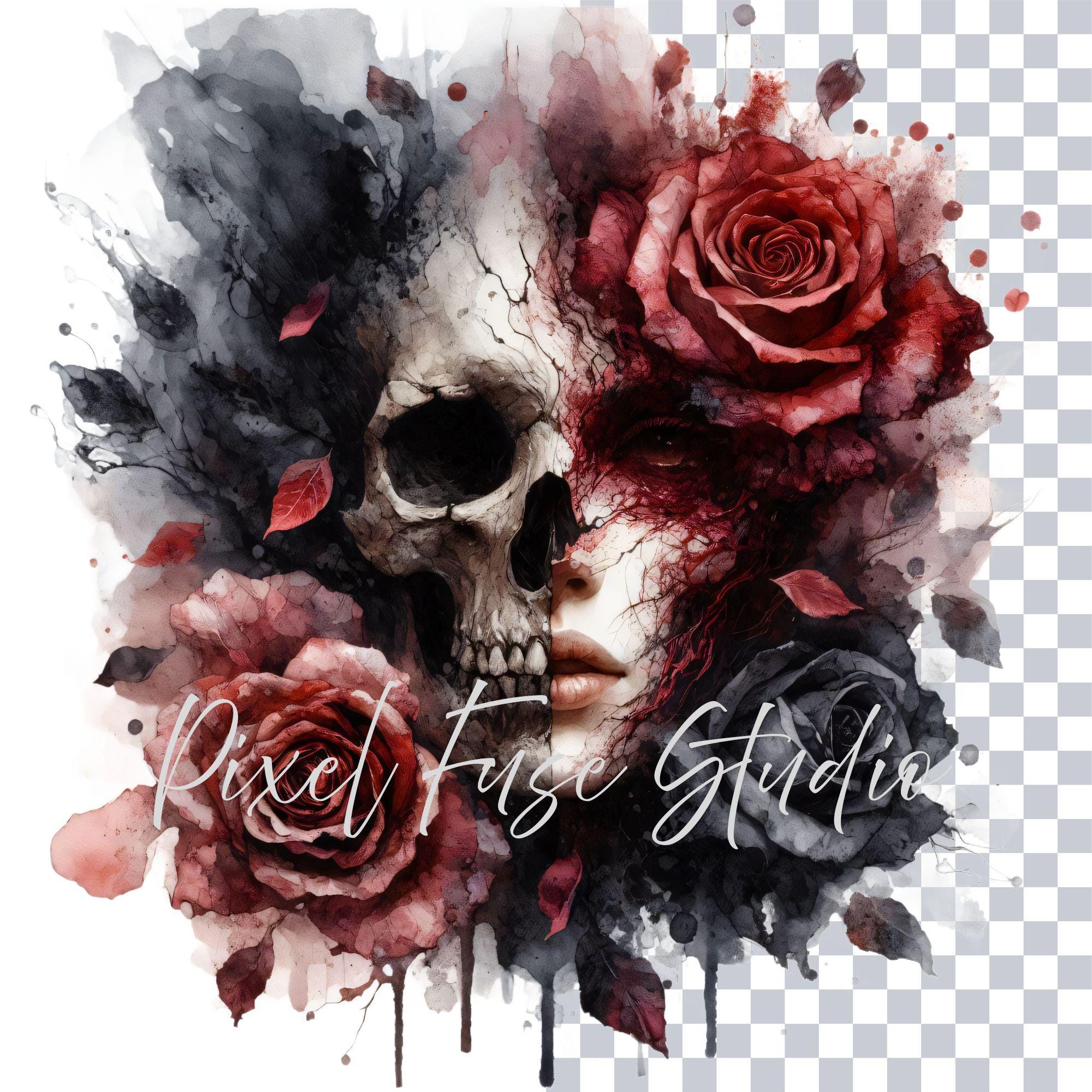 Half Skull Woman Clipart, Gothic Watercolor PNG, Dark Roses Art, Skeleton Face Digital Download, Tattoo Flash Design, Commercial Use