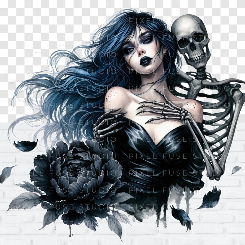 May include: A digital illustration of a woman with long blue hair and a black dress. She is embracing a skeleton with a skull. A large black flower is in the foreground.