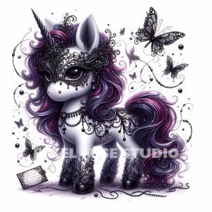 Masquerade Unicorn Clipart, Cute Gothic Fantasy Horse Art for Stickers, Invitations, Sublimation, Scrapbooking, Watercolor Clip Art, 300 DPI