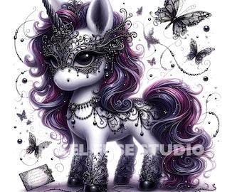Masquerade Unicorn Clipart, Cute Gothic Fantasy Horse Art for Stickers, Invitations, Sublimation, Scrapbooking, Watercolor Clip Art, 300 DPI