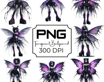 Hada gótica oscura PNG, clipart de chica demonio de fantasía, arte de hada morado y negro, sublimación estética de Halloween, descarga digital, uso comercial