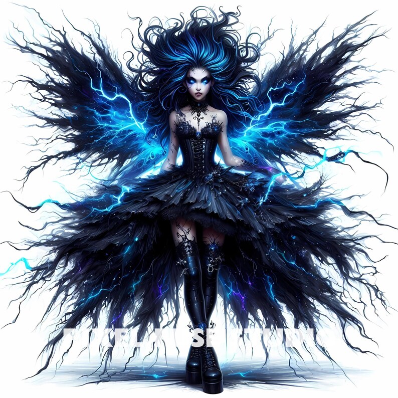 Pode incluir: Uma mulher de cabelo escuro com olhos azuis e asas pretas feitas de raios. Ela est&aacute; vestindo um vestido preto e botas pretas. O fundo &eacute; branco.