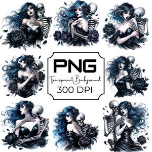 Gothic Skeleton Couple PNG Dark Romance Clipart Halloween Tattoo Flash Art Creepy Sublimation Design, Edgy Aesthetic, Transparent Background