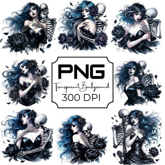 Gothic Skeleton Couple PNG Dark Romance Clipart Halloween Tattoo Flash Art Creepy Sublimation Design, Edgy Aesthetic, Transparent Background