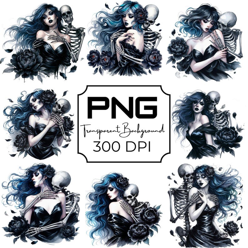 PNG design of a gothic woman in a black dress embraced by a skeleton, with flowing blue hair and dark floral elements. Dark romance aesthetic, perfect for Halloween, tattoo flash art, creepy couple designs, edgy sublimation prints, and gothic digital projects with transparent background.