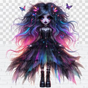 May include: A digital illustration of a dark-haired girl with bright pink, blue, and purple hair. She is wearing a black dress with a lace overlay and black boots. The background is a white brick wall.