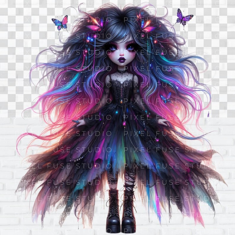 May include: A digital illustration of a dark-haired girl with bright pink, blue, and purple hair. She is wearing a black dress with a lace overlay and black boots. The background is a white brick wall.