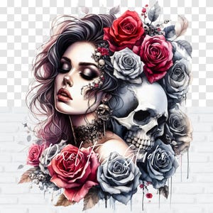 Gothic Schädel Frau PNG Dark Roses Clipart Halloween Tattoo Flash Art Creepy Floral Sublimation Designs Edgy Ästhetik Transparenten Hintergrund