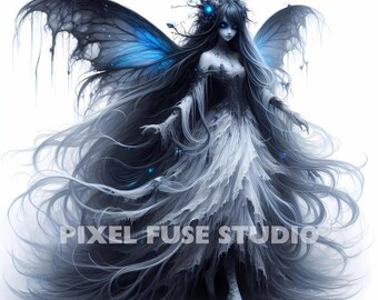 Butterfly Goth Fairy Clipart Dark Fantasy Art Prints Spooky Aesthetic Girl Digital Gothic Wall Art Junk Journals Scrapbooking Printables JPG