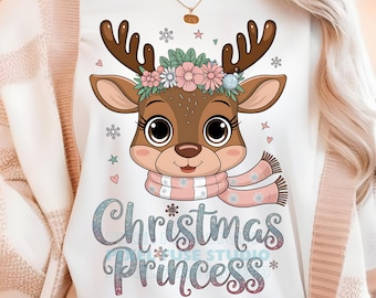 christmas princess reindeer png design, kids christmas shirt, baby girl png designs, christmas png for shirt, pink girly christmas png dtf