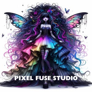 May include: A digital illustration of a fairy with long, dark blue hair, wearing a rainbow dress and black boots. She has large, blue eyes and a delicate, ethereal look. The fairy has large, iridescent wings and is surrounded by a magical aura.