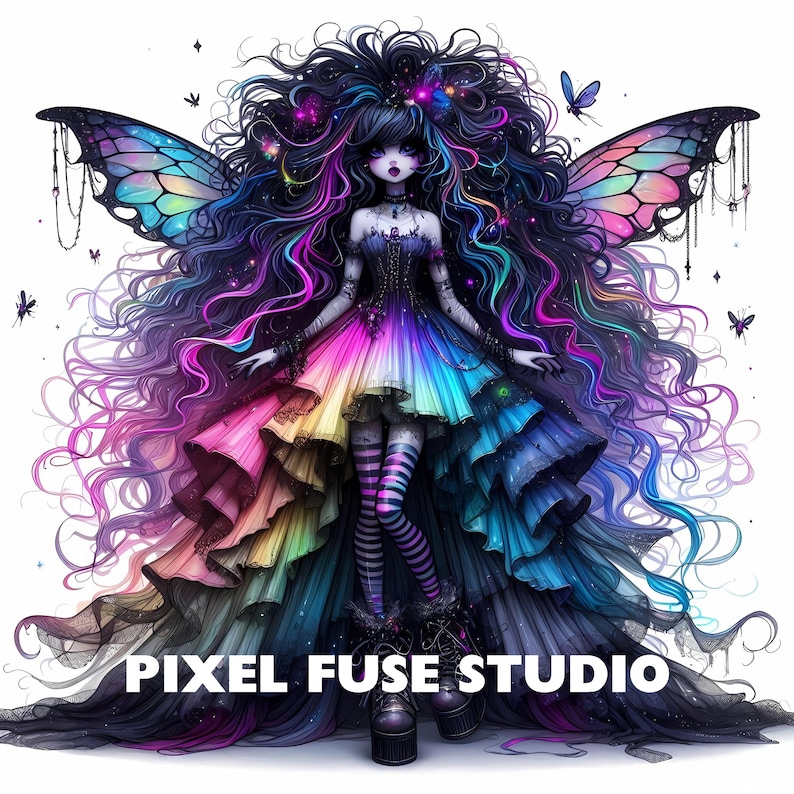 May include: A digital illustration of a fairy with long, dark blue hair, wearing a rainbow dress and black boots. She has large, blue eyes and a delicate, ethereal look. The fairy has large, iridescent wings and is surrounded by a magical aura.