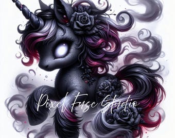 Gothic Unicorn Clipart JPG, Dark Fantasy Pony Art, Black Rose Halloween Unicorn, Spooky Cute Digital Download, Creepy Kawaii Aesthetic Print