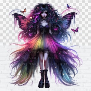 May include: A digital illustration of a fairy with long, flowing, rainbow-colored hair and wings. She is wearing a black dress with a rainbow-colored skirt and black boots. The background is a white brick wall.
