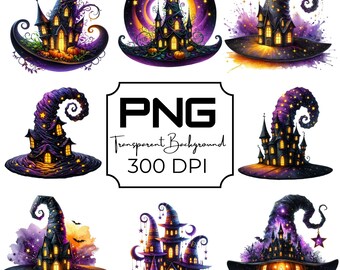Witch Hat PNG Clipart Bundle, Haunted House Clipart, Halloween Castle, Spooky Digital Download, Transparent Background