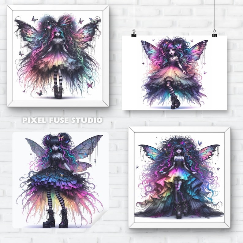 May include: Three digital art prints featuring a fairy with colourful wings and a rainbow dress. The fairy has long black hair and is wearing black boots. The background is white. The text "PIXEL FUSE STUDIO" is at the bottom of the image.