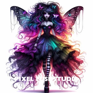 May include: A digital illustration of a dark-haired fairy with rainbow-coloured hair and a black dress with rainbow accents. She has large, dark eyes and is wearing black and white striped stockings. She has large, black butterfly wings with iridescent details. The background is white.