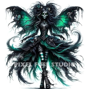 Skeleton Goth Fairy Clipart Dark Fantasy Art Spooky Aesthetic Digital Gothic Wall Art Junk Journal Scrapbooking Printables Skull Goth Decor