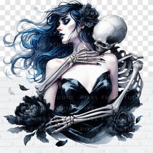 May include: A woman with long blue hair and a black dress is embraced by a skeleton. The woman has a black flower in her hair and a dark, dramatic makeup look. The skeleton's arms are wrapped around the woman's waist. The background is a white brick wall with black flowers.