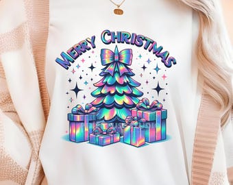 Holographic Merry Christmas Tree PNG, Christmas Shirt Design for Women, Kids, DTF Transfer, Iridescent Christmas Clipart, Holiday Shirt PNG