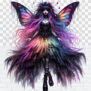 May include: A digital illustration of a fairy with long, flowing purple and blue hair, wearing a black dress with a rainbow tulle skirt and butterfly wings. The fairy has a crown of thorns and a dark makeup look.