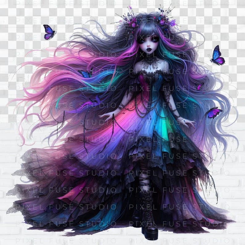 May include: A digital illustration of a dark-haired woman with rainbow hair wearing a black and rainbow dress with a gothic style. She is surrounded by butterflies.