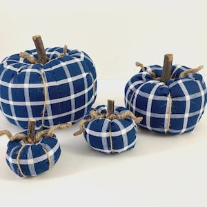 Rustic Blue Plaid Fabric Pumpkin – Farmhouse Fall Decor-Sold Individually in Four Sizes