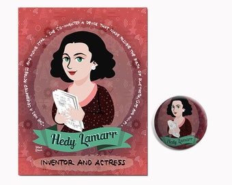HEDY LAMARR, gift for feminist, pin and postcard, Women in Stem Pin