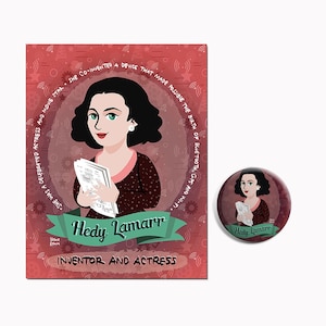 Presente científico de Hedy Lamarr para mulheres cientistas em STEM, atriz, inventora, ícone da tecnologia, conjunto feminista, broche e cartão postal inspiradores de Hollywood vintage