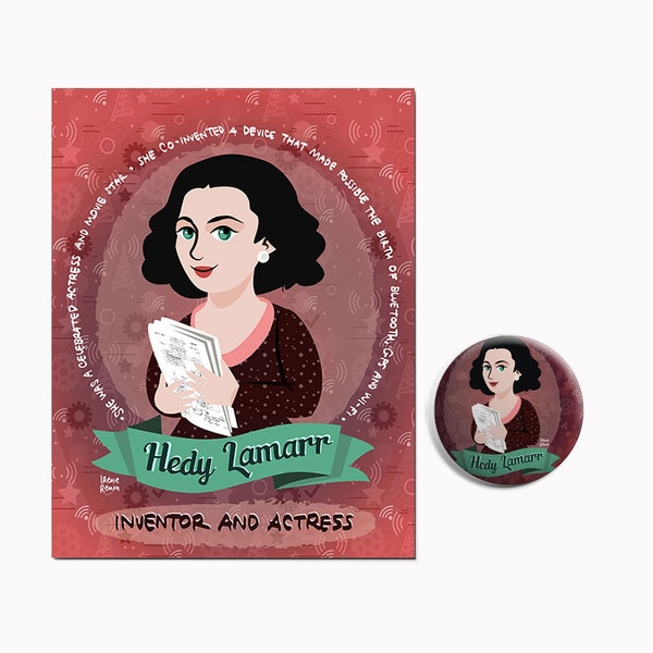 Hedy Lamarr Wissenschaft Geschenk für Wissenschaftlerin Frauen in STEM Schauspielerin Erfinder Tech Ikone Feminist Set Vintage Hollywood Inspirational Pin & Postkarte