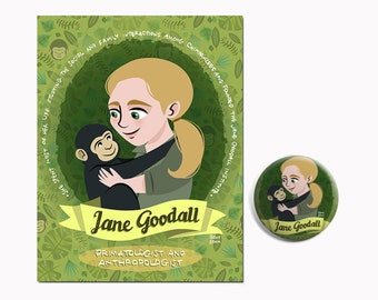 Mujeres en la ciencia Jane Goodall Pin & Postal Mujeres influyentes Mes de la historia Imprimir STEM Mujeres en la historia Decoración del aula Empoderamiento de las mujeres