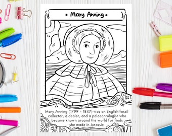 Printable Coloring Page MARY ANNING Paleontologist Women in Science Female Scientist Women History Month STEM Woman Earth Day Paleontology